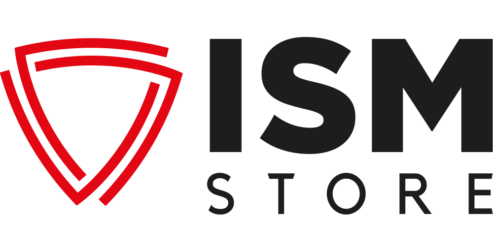 Das rote Logo des ISM Stores in schwarzer Schriftfarbe.